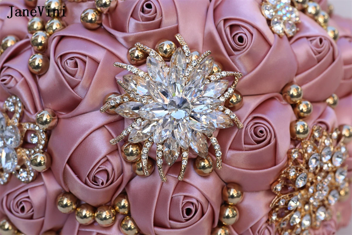 JaneVini 2024 Luxury Dusty Pink Flowers Bridal Bouquets with Gold Crystal Artificial Satin Roses Jewelry Wedding Brooch Bouquet