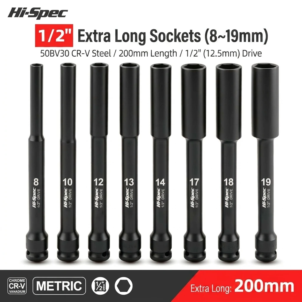 1/2 Inch Drive Extra Long Impact Socket 200mm CR-V Deep Pneumatic Electric Wrench Sleeve for Auto Repair Hand Tool Metric