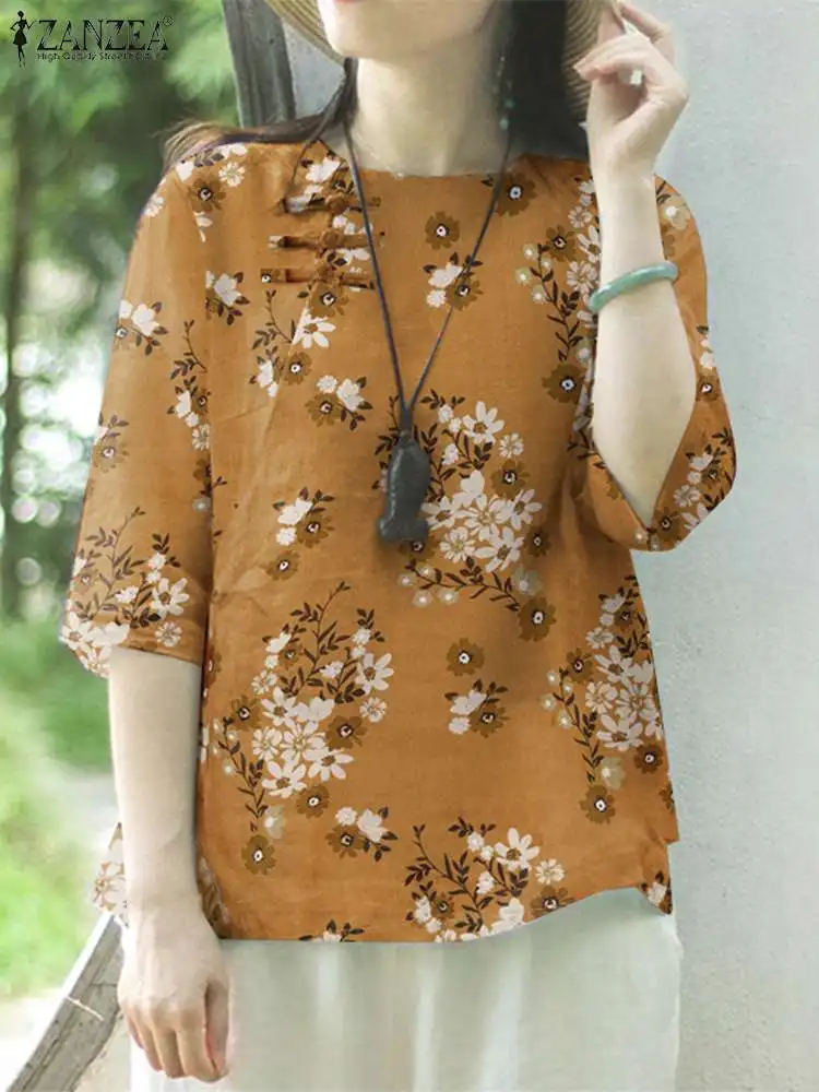 ZANZEA Summer Fashion Floral Printed Blouse Woman Half Sleeve O-Neck Chemise Bohemian Casual Holiday Tops Elegant Loose Blusas