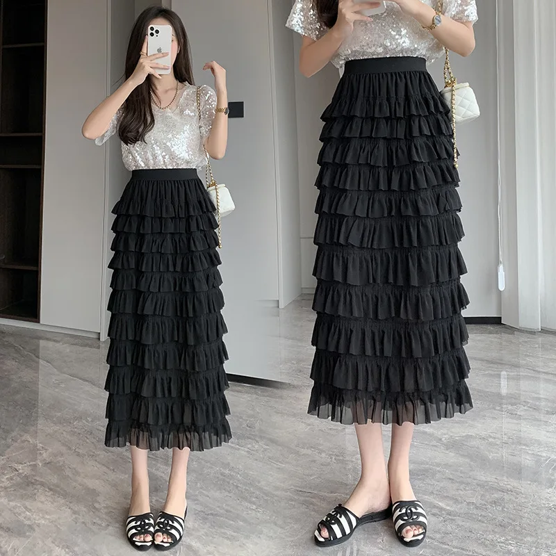 2024 Summer New High Waist Slim Puffy Cake Skirt Double Layer Chiffon Spliced Ruffle Edge Half Skirt A-line Long Skirt