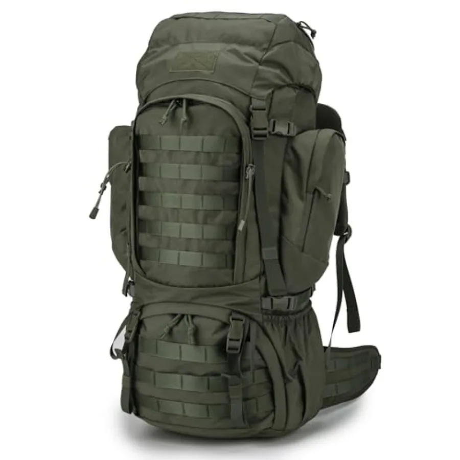 

60L Military Internal Frame Backpack for Hiking Camping Hunting Rucksack with Rain Cover in Black Durable Nylon Material