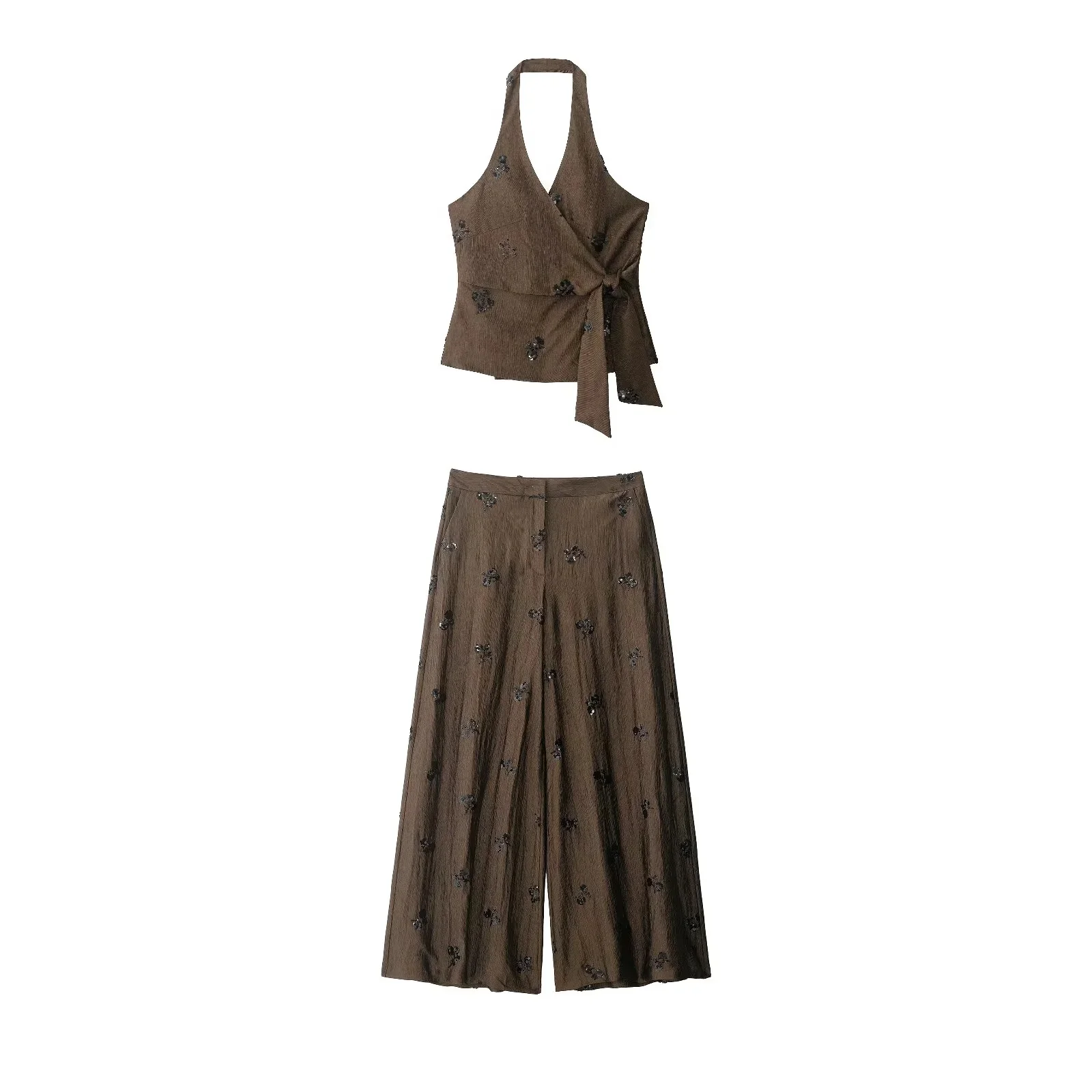 KONDALA Vintage Sexy Chic Damen-Hosenanzug Rückenfreies Pailletten-Neckholder-Top Lange Weite Hose Mode 2026 Frühling Sommer Strandanzug – Detail 3