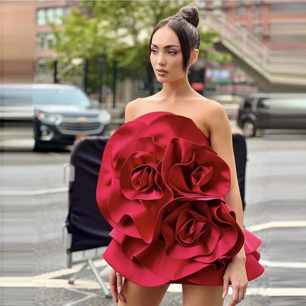 

Red Mini Girls Birthday Dress Strapless Rose Flowers Ruffles Short Dresses Party Wear Ruffles Satin 2026