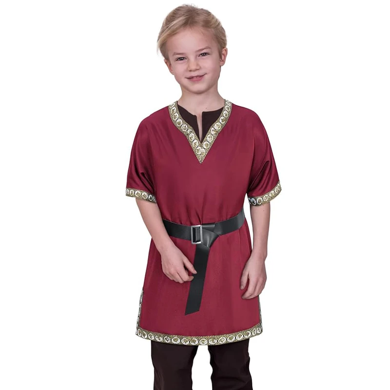 Mittelalterliches Kinderhemd-Kostüm, Piratenhemd für Jungen, Ritterhemd, Baumwoll-Leinen-Tunika, Oberteile, Renaissance-Halloween-Cosplay-Outfit – Detail 2