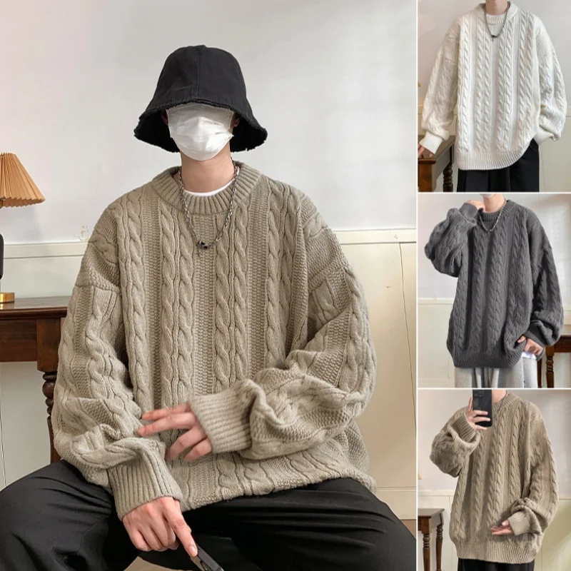 Solid Colour Ribbed Twist Pattern Round Neck Pullover Sweater Men Women Autumn Winter Couple Loose Knitted Woolen Top Warm Soft