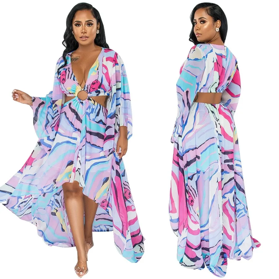 

【New style】9680 chiffon sexy hollowed-out irregular big swing women's dress