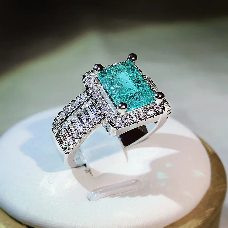 925 srebro New Arrival z bawełnianą wełną imitacja naturalnego Paraiba pełny pierścionek z brylantem dla kobiet biżuteria na przyjęcie urodzinowe na prezent — zdjęcie 3
