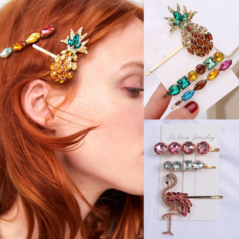 Luxury Barrette Hairpin Hair Pin Accessories Wedding Cute Sweet Rainbow Gems Crystal Rhinestone Flamingo Pineapple Hair Clip Set