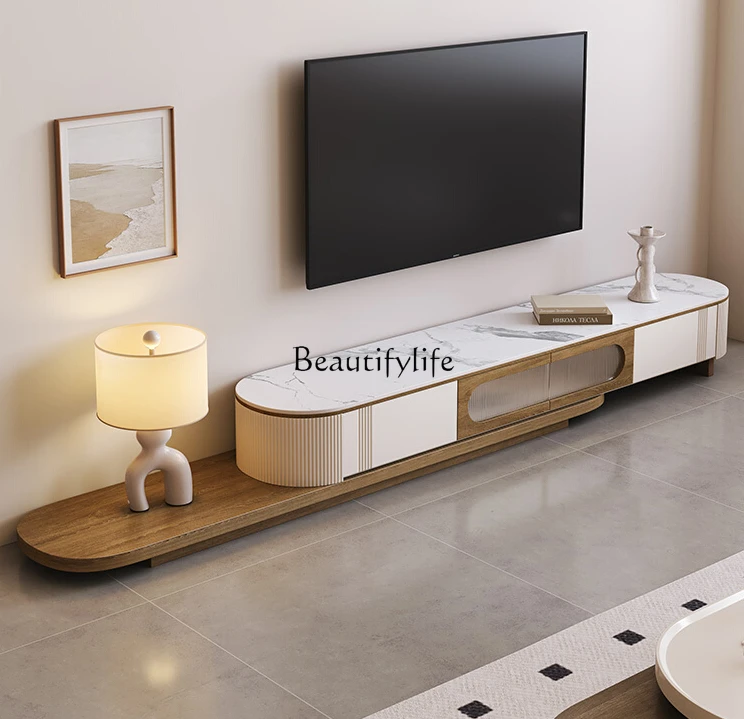 

Walnut Color Light Luxury Floor Stone Plate TV Cabinet Modern Minimalist High Sense