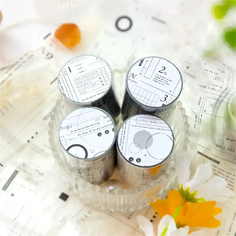 1Roll PET Tape Simple Transparent bottom Handbook Round Box White Decoration Material loop Black Adhesives Lable 56mm*2M