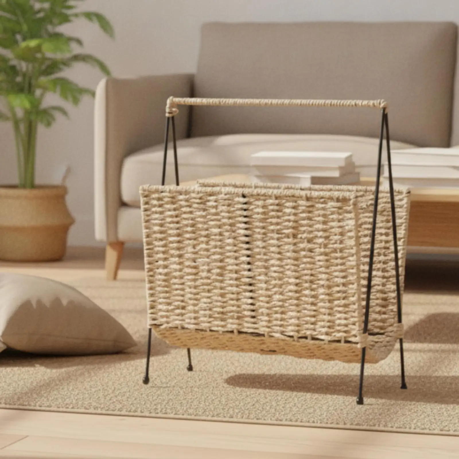 Paper Rope Storage Basket with Handle Handwoven Magazine Holder Organizer Basket Slim Depth for Narrow Gaps