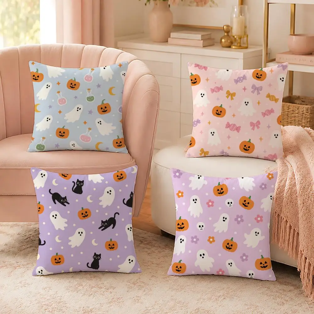Macaron Cartoon Halloween Seamless Patterns Cushion Cover Custom Plush Pillow Cover Soft Cloud Comfort for Sofa Bed Couch