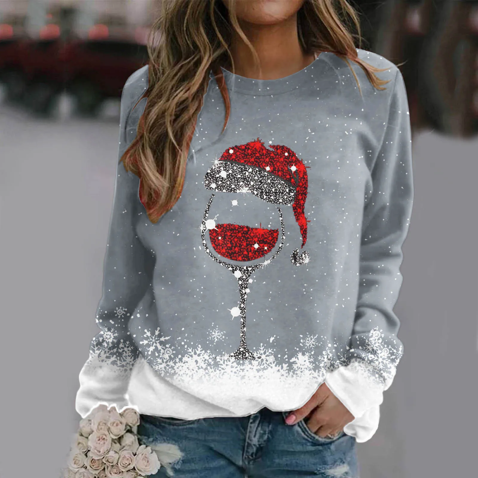 Women Hoodie Tops Christmas Long Sleeve O-Neck Pullovers Sweater Autumn Long Sleeve O-Neck Red Hat Wine Glass Print Sweatshirts