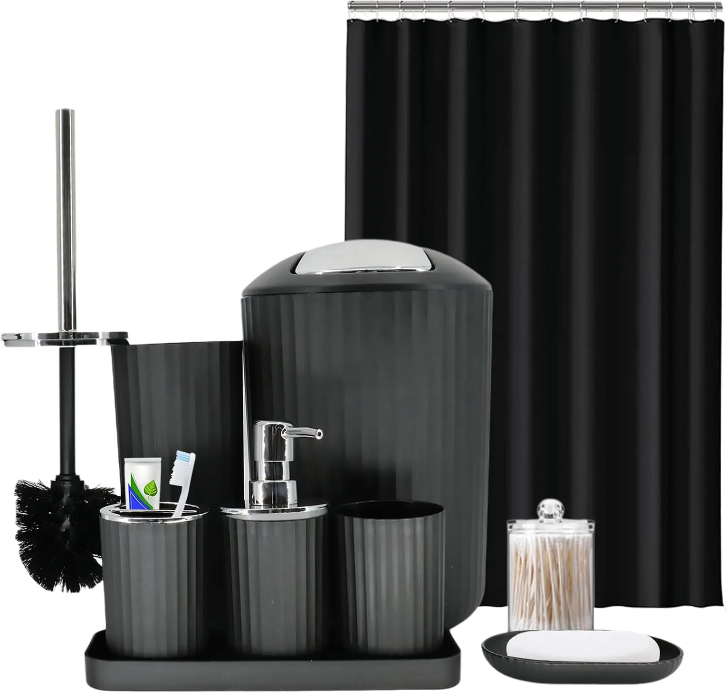 

9-Piece Black Bathroom Set with Shower Curtain, Trash Can, Soap Dispenser, and More for Modern Home