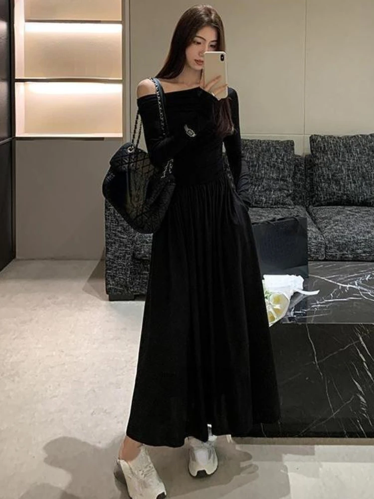 Maxi Dresses for Women New Korean Solid Temperament Robe Femme 2023 Vestidos De Mujer Slash Neck Pleated Tunic Bodycon Y2k Dress