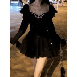 Elegant Gothic Black Mini Dress Women Casual Evening Party Dress American Vintage Clothing French One Piece Dress Korean Fashion