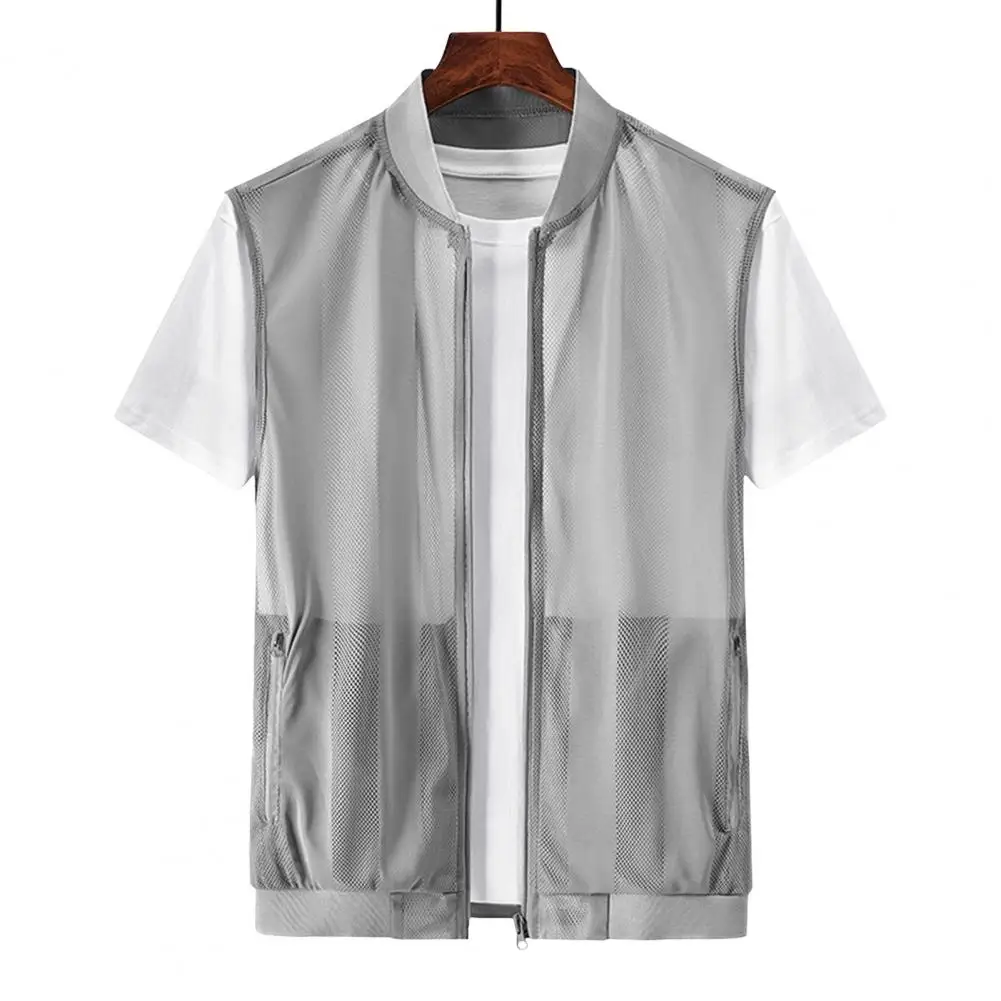 

Men Vest Coat Stand Collar Sleeveless Zipper Closure Waistcoat With Pockets Jacket Breathable Mesh Thin Outdoor Waistcoat 나시 코트