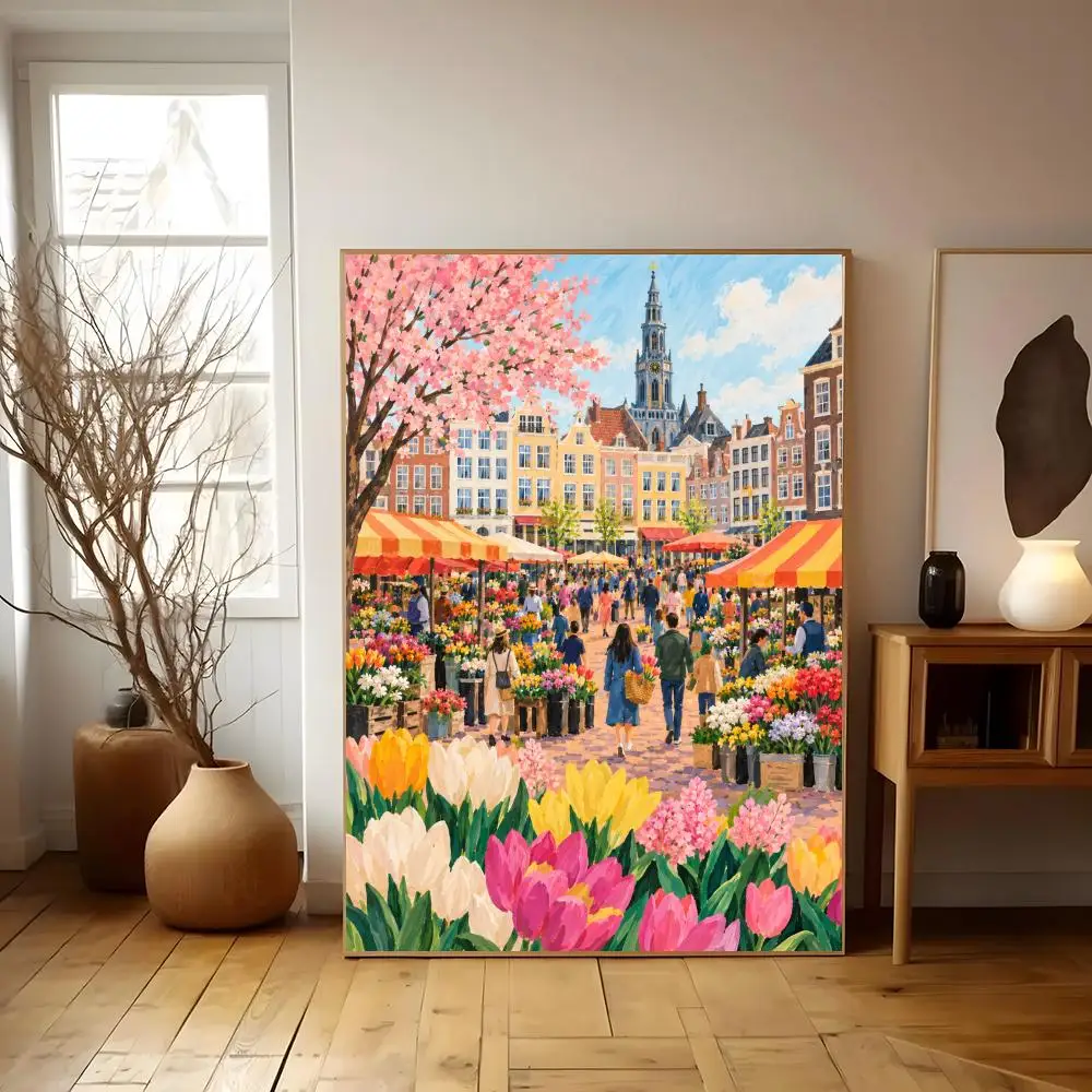 Flower Market Amsterdam Watercolor Wall Art Amsterdam Canals Netherlands Travel Poster Home Decor Poster