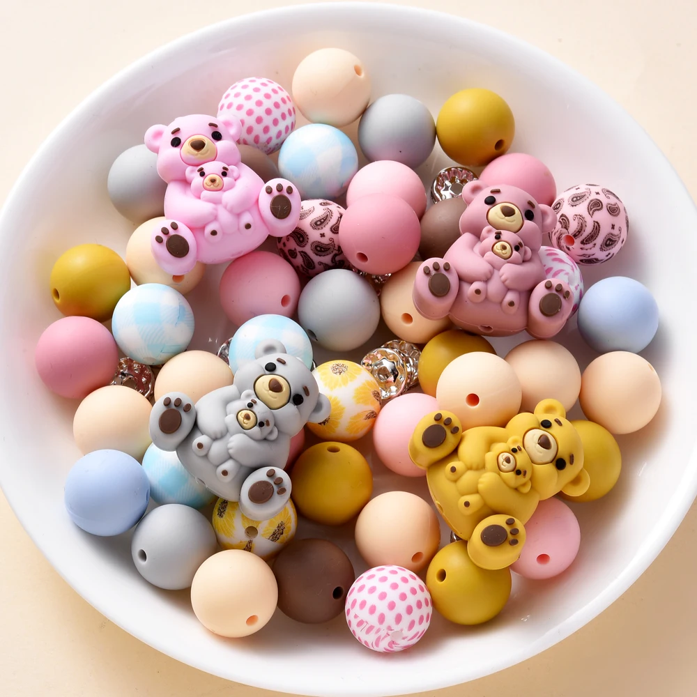 

28Pcs Silicone Bead Set Little Bear Shaped&Round Beads For Teething Infant Chewable Dummy Necklace Pacifier Chian Toy