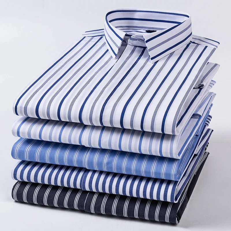 New Quality Concealed Button Men Shirt Long Sleeves Dress Shirts For Men Slim Fit Camisa Social Business Blouse Stripe Shirt 4XL