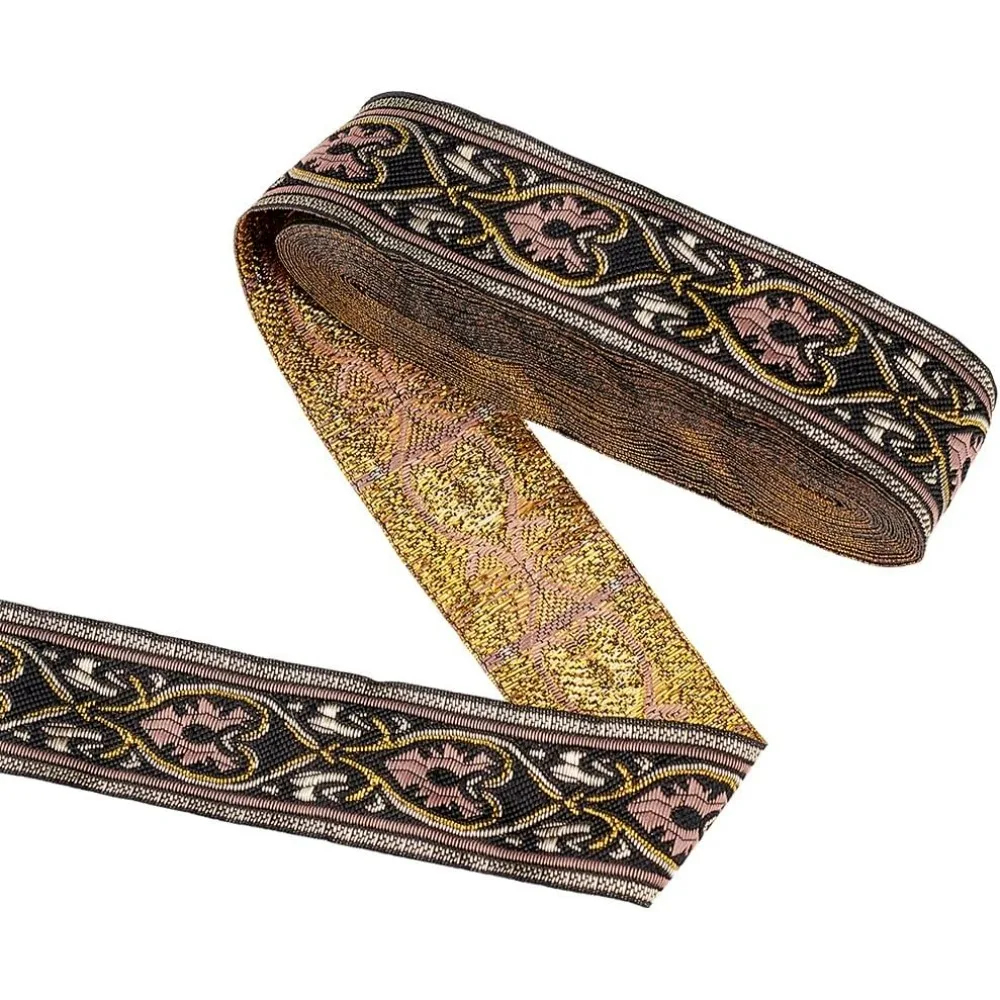 7.66 Yard 1.35 Inch Vintage Jacquard Ribbon Black Jacquard Trim Emobridered Woven Trim with Heart Pattern Gold & Pink Floral