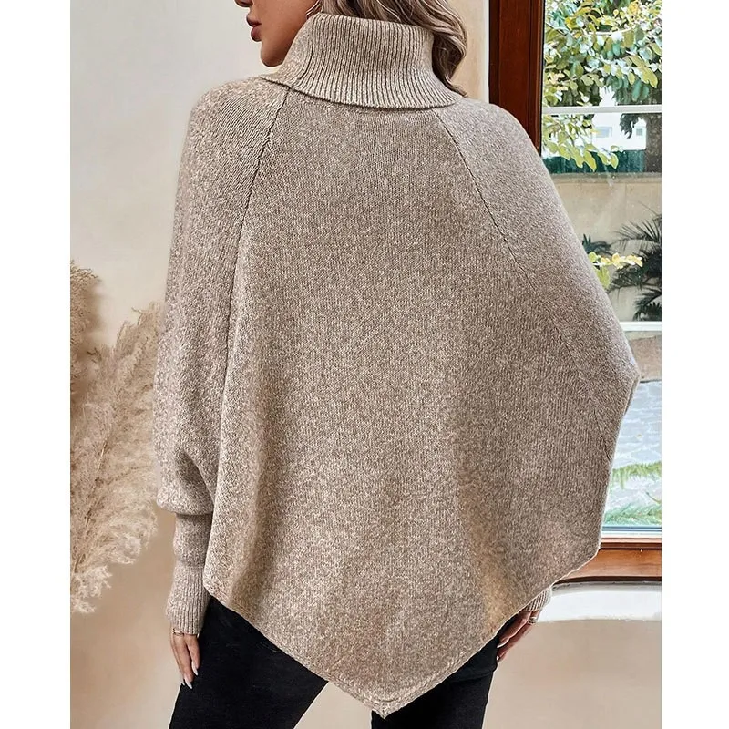 Otoño Invierno nuevo suéter Irregular de mujer de punto de moda flor retorcida cuello alto botón manga de murciélago jerseys Top