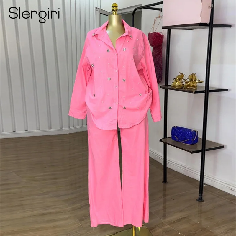 

Slergiri Women's Pants Set Chic Long Sleeve Button Down Shirt with High-waisted Straight Wide Leg Trousers Two 2 Pieces Set