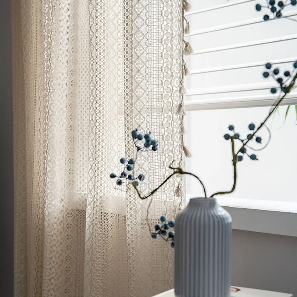 Retro Translucent Crochet Curtain Beige Multi Size Cotton Curtain Hollow Tassels Hollow Curtain Bedroom