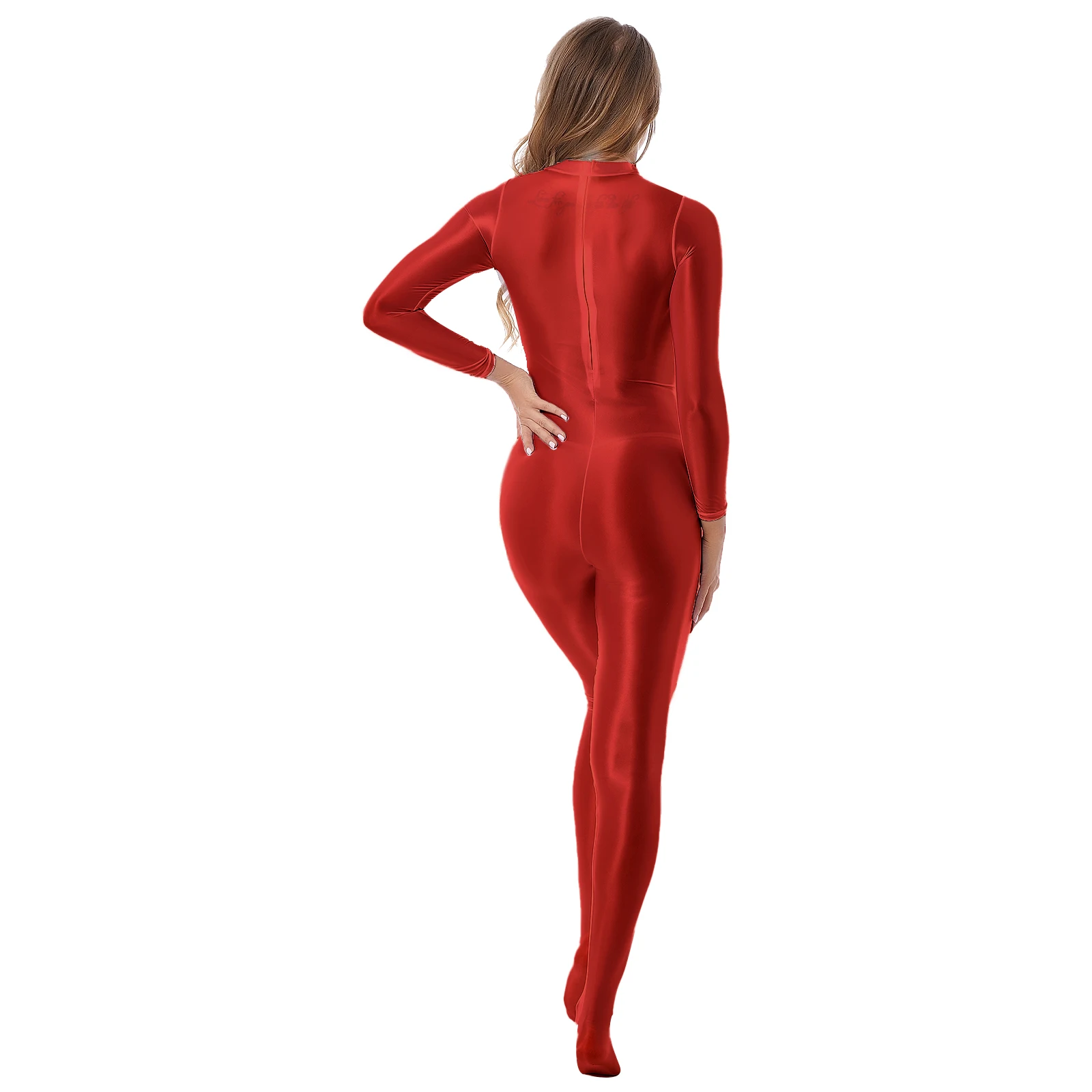 Womens Sexy Glossy Smooth Jumpsuit Long Sleeve Mock Neck Back Zipper Full Body Bodysuit Catsuit Pole Dancing Clubwear