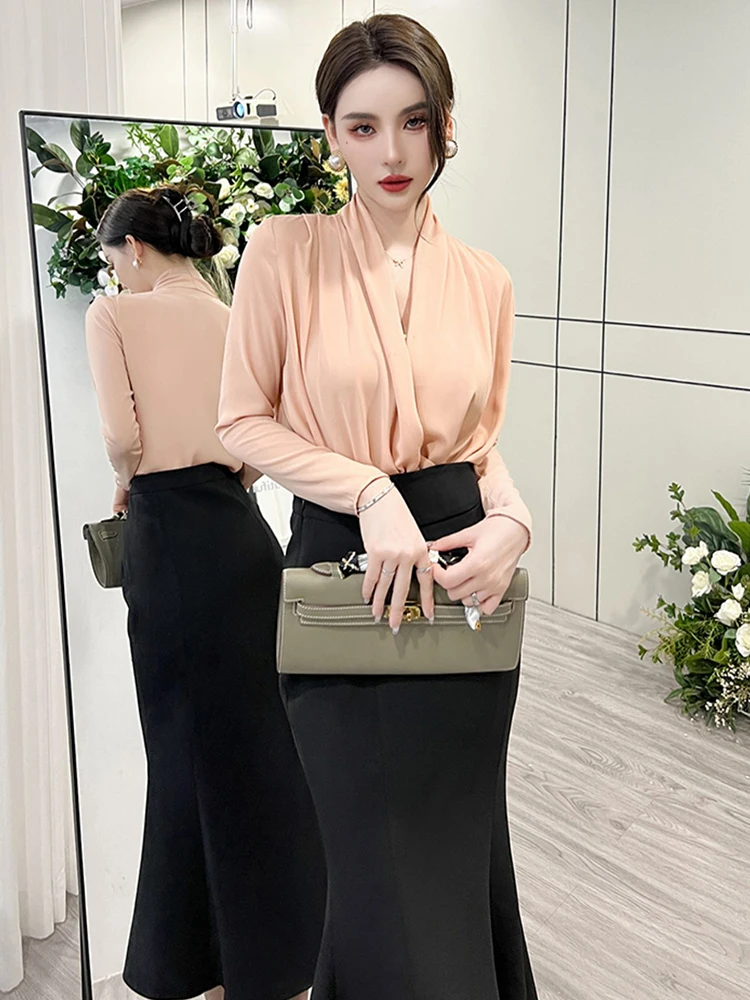 

Spring Elegant Casual Office Lady Shirt for Women 2023 Solid Black White Pink Chiffon Long Sleeve Folds Tops Femme Loose Blouses