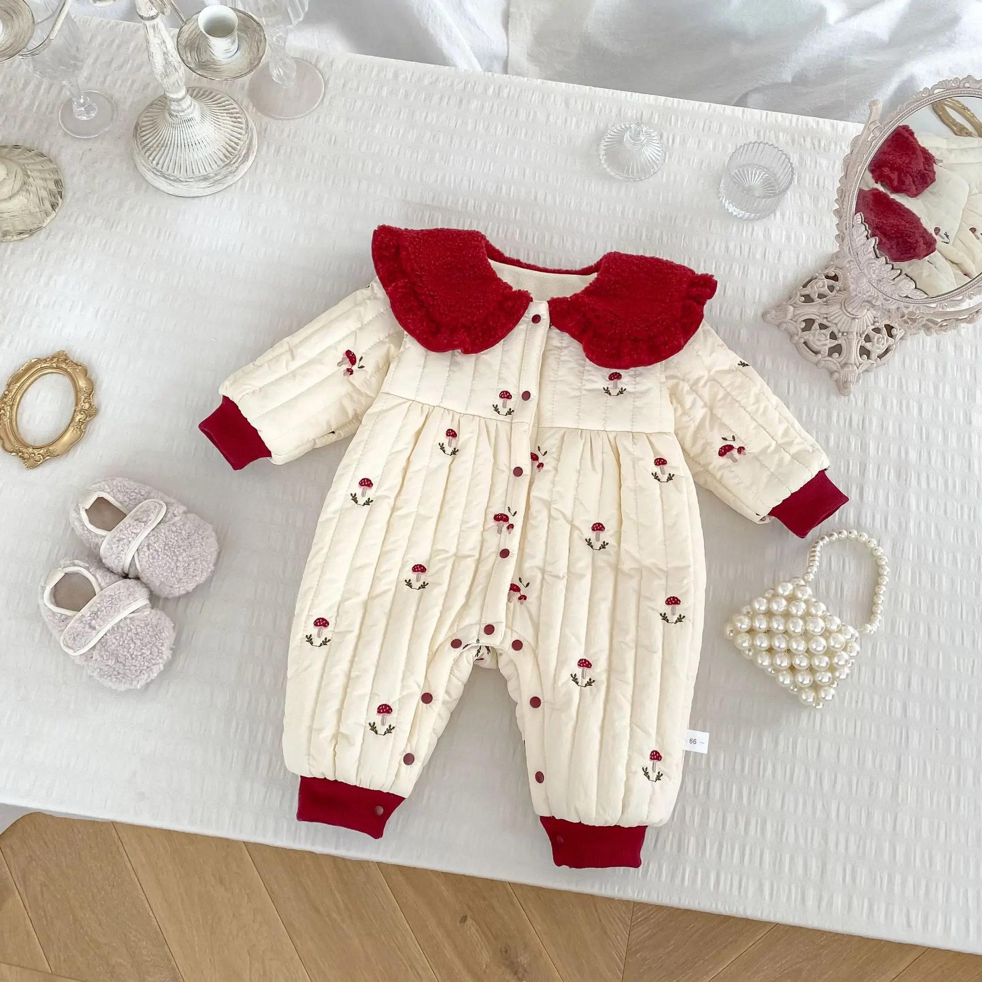 

UNITIM Toddler Girl Jumpsuits Peter Pan Collar Thicken Warm Mushroom Embroidery One-piece Bodysuit Winter Kids Baby Girl Rompers