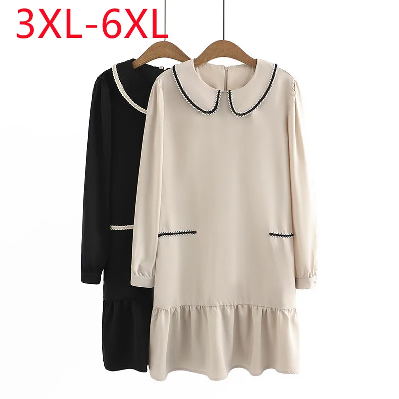 

New 2023 Ladies Spring Summer Plus Size Tops For Women Large Size Long Sleeve O-neck Black Dress 3XL 4XL 5XL 6XL