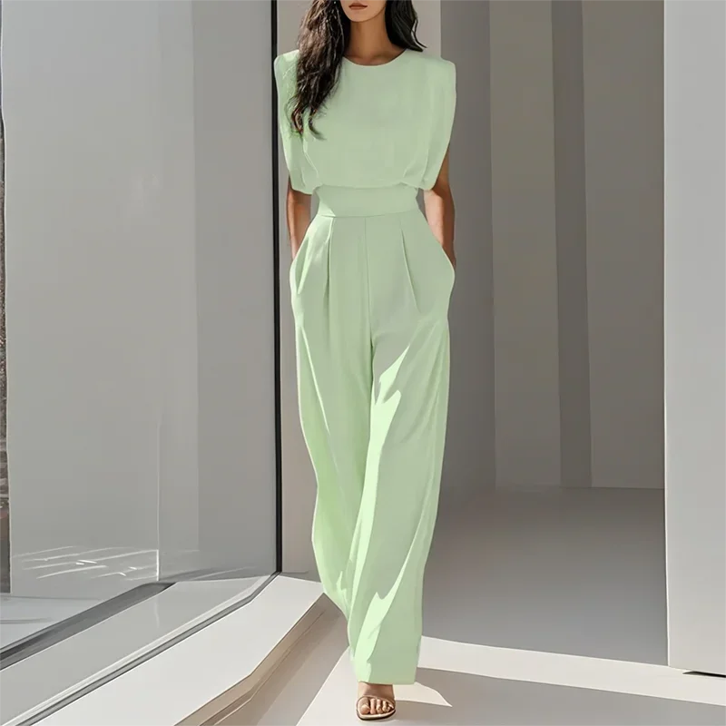 

Elegant O Neck High Waist Jumpsuits Spring Solid Slim Straight Women's Overalls Summer Sleeveless Pocket Office Romper Playsuit