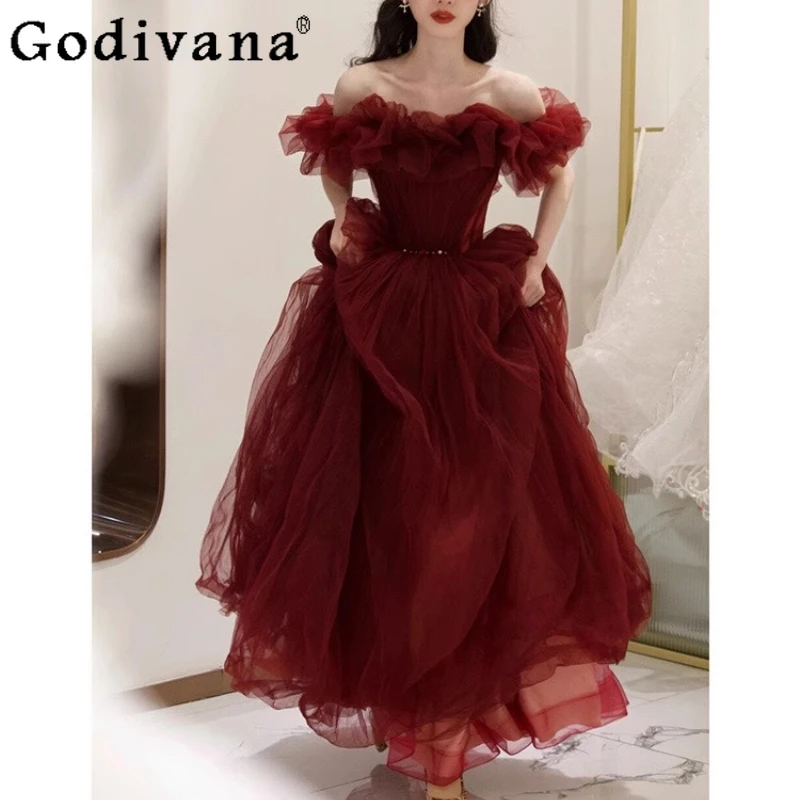 

2025 Women's New Summer Temperament Ruffles Red Gauze Dress Sexy V-neck Fashion High Waist Retro Elegant Long Evening Dresses