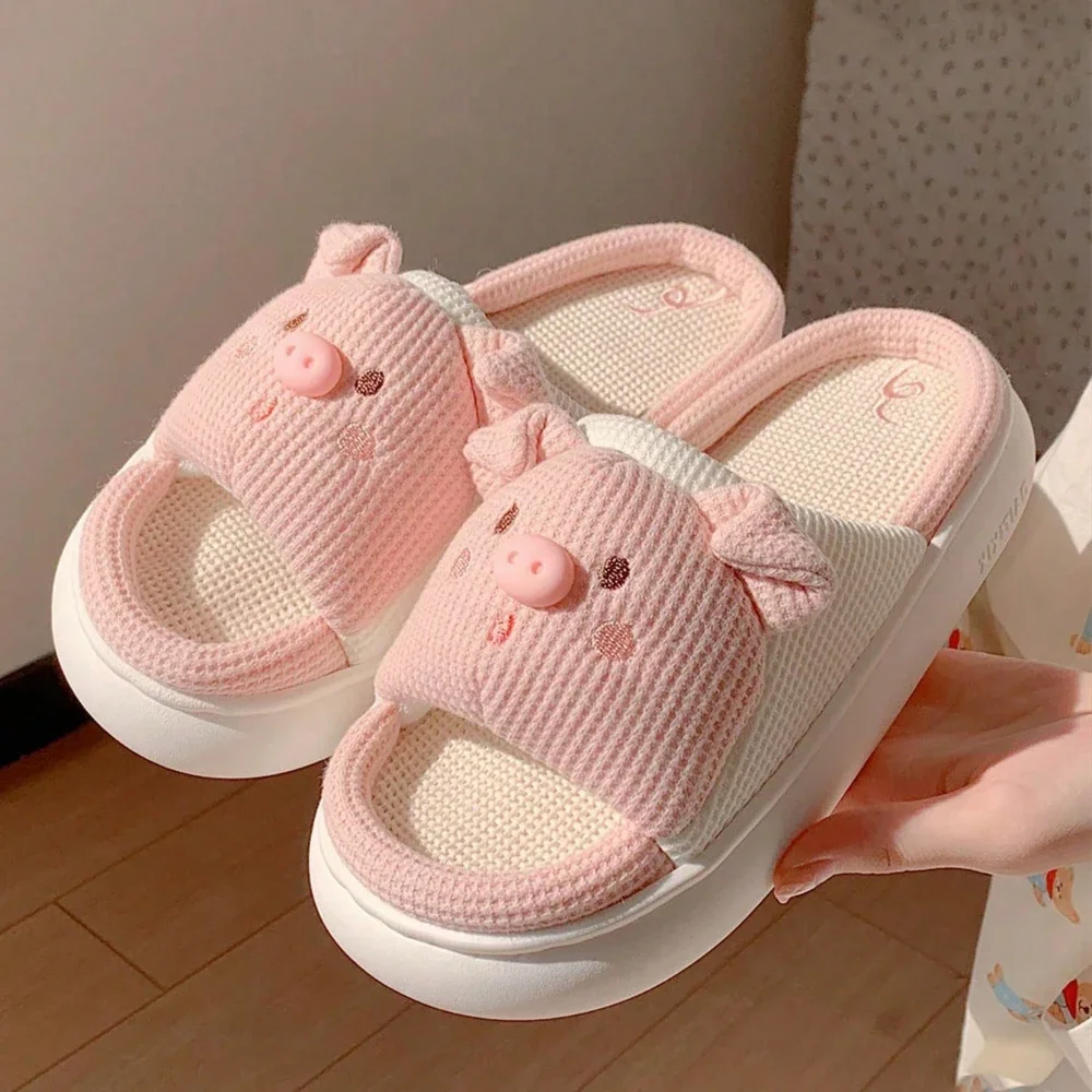 2025 New Pink 3.5cm Fashion Soft Ladies Casual Cute Piggy Pattern Design Comfortable Female Linen Home Slippers