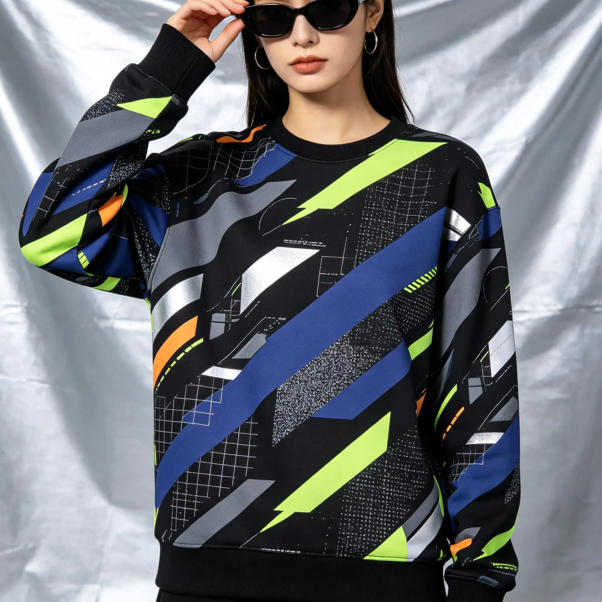 Women Crew Neck Fleece Sweatshirt Colorful Geometric Stripe Grid Abstract Print Long Sleeve Loose No Hood Warm Pullover