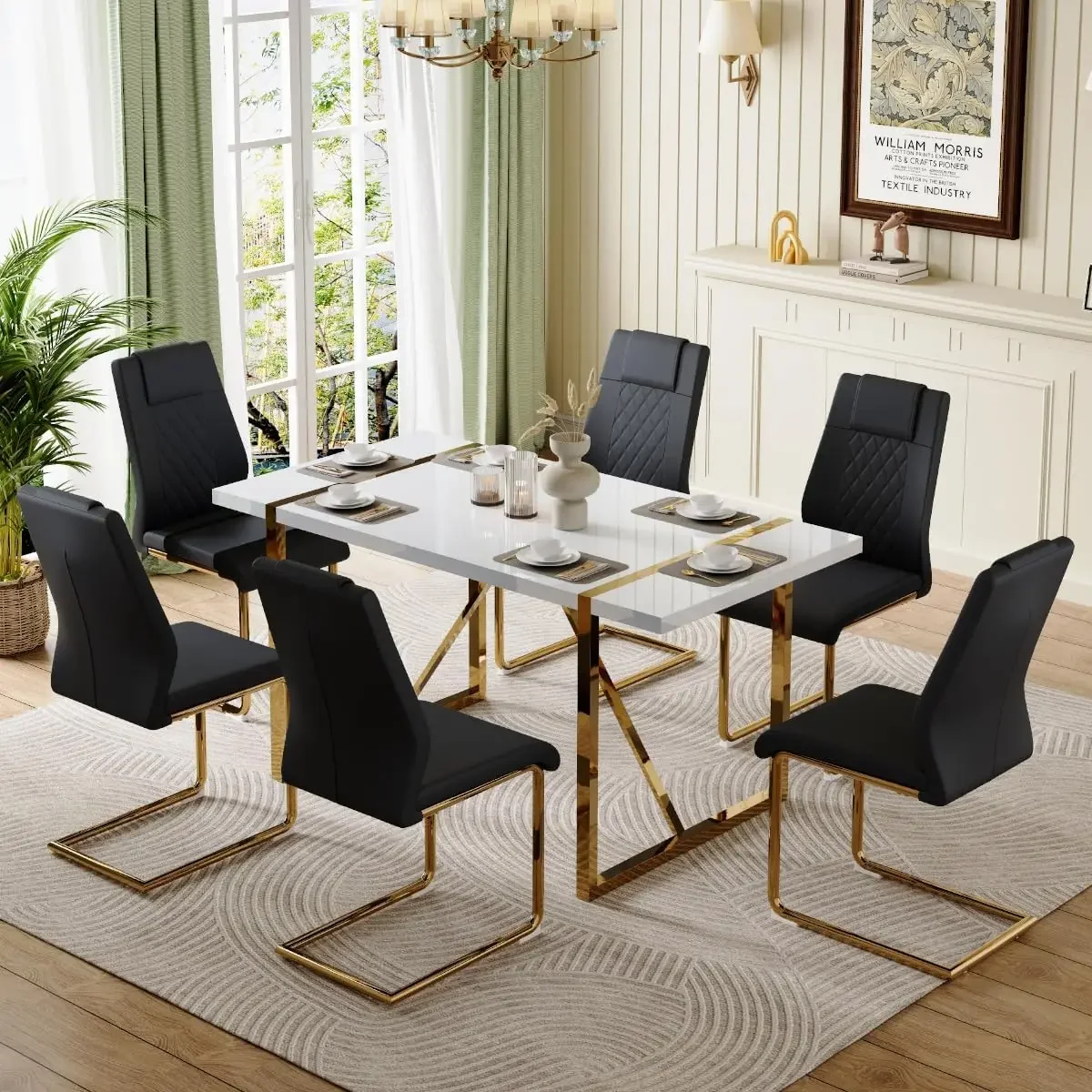 7 Piece Dining Table Set for Dining Room, Kitchen Table and Chairs Set for 6, Modern Dining Table Set for 6 with Metal Frame