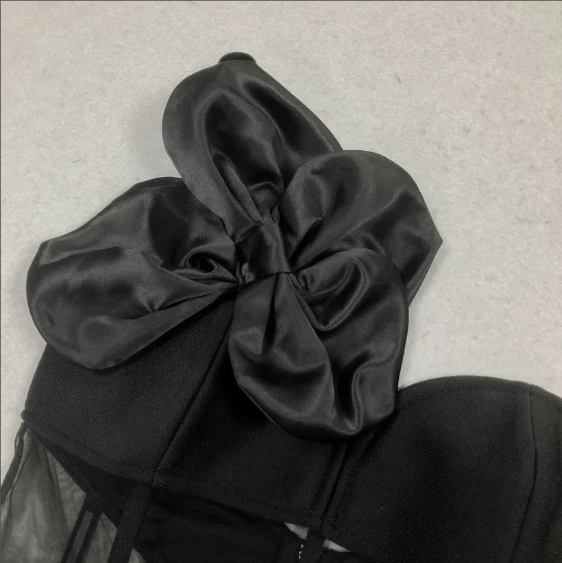 ZNS Sexy One Shoulder Bow Mesh See Through Bandage Bodycon Dress With Gloves Black Sleeveless Elegant Party Birthday Dresses