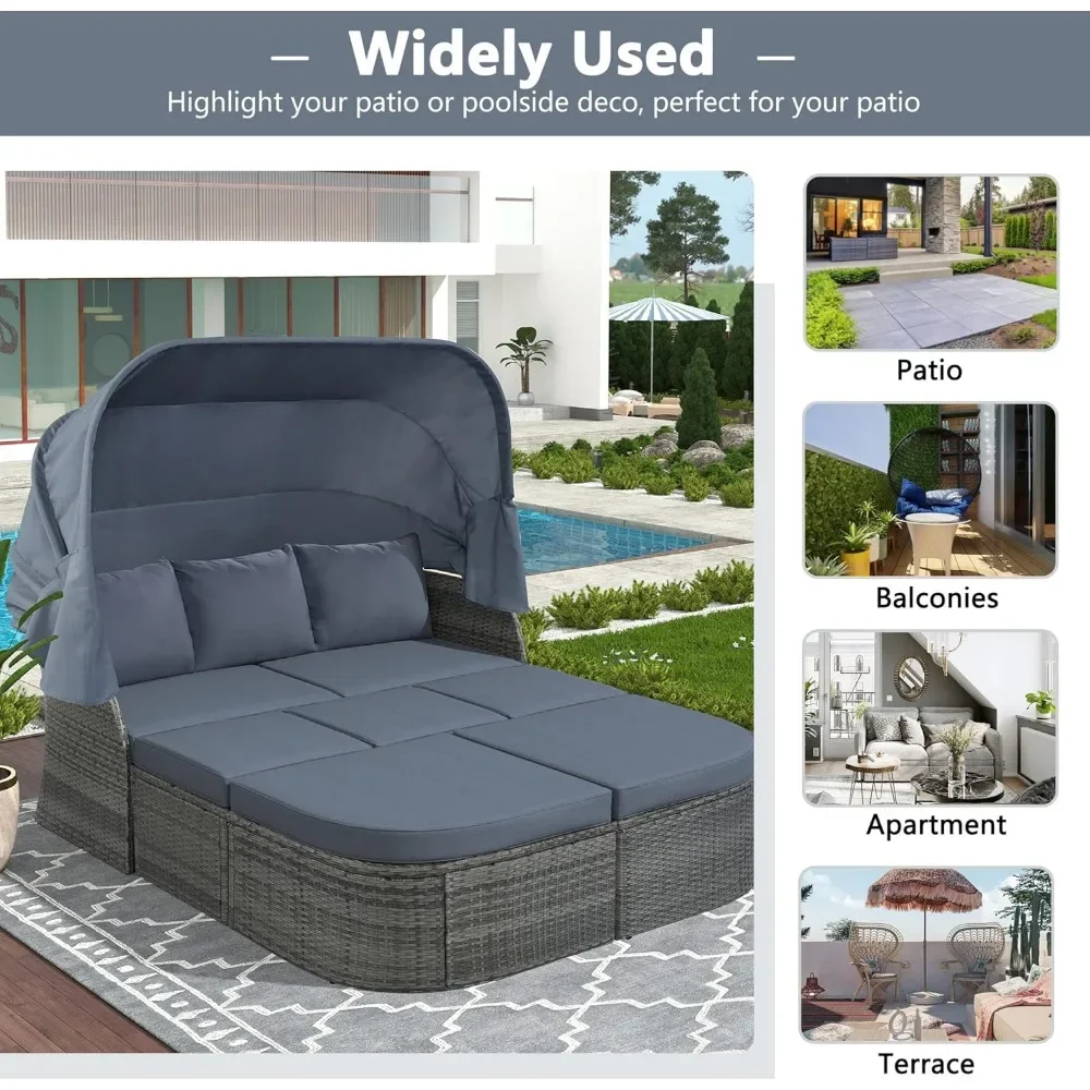 Outdoor Patio Furniture Set, Daybed Sunbed with Retractable Canopy, Patio Conversation Set, Wicker Furniture Sofa Set