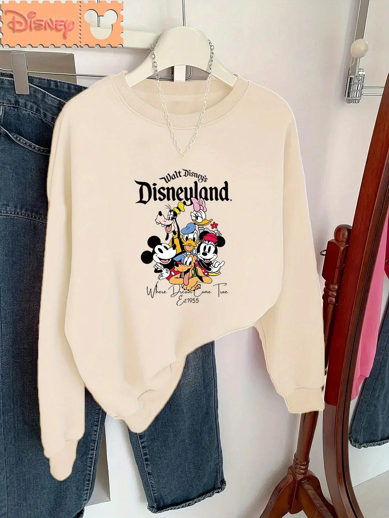Sudadera con estampado de patrón Disneyland para mujer estilo casual manga corta cuello redondo otoño e invierno estilo deportivo versátil