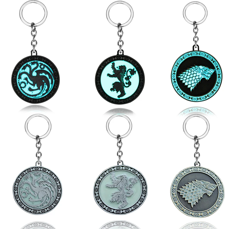 Thrones Key Chains Stark Wolf Head Dragon Badge KeyChain Pendant Noctilucent Keyring llaveros of Movie Gifts for Friends