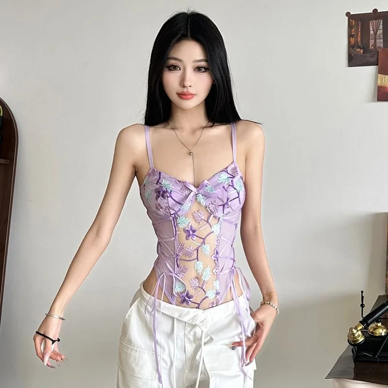 Pure Desire Purple Charm Lace Perspective Suspender Small Vest Female Spice Girl Waist Bottom onesie Straps, prints bows Rompers