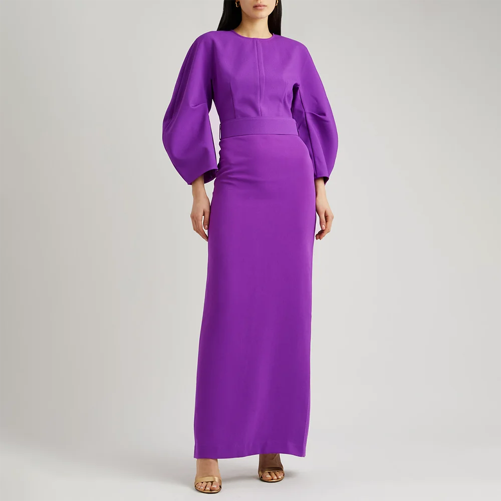 

Purple Elegant Evening Dresses Customized O Neck Puff Sleeves Straight Formal Gowns for Woman Removable Belt Elegant Party Dress