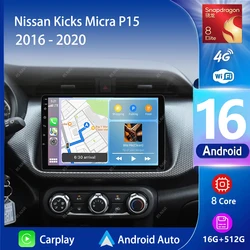 Android 16 Carplay Auto 2K Screen Car Radio Multimedia Player For Nissan Kicks Micra P15 2016 - 2020 DSP Autoradio Stereo 2din
