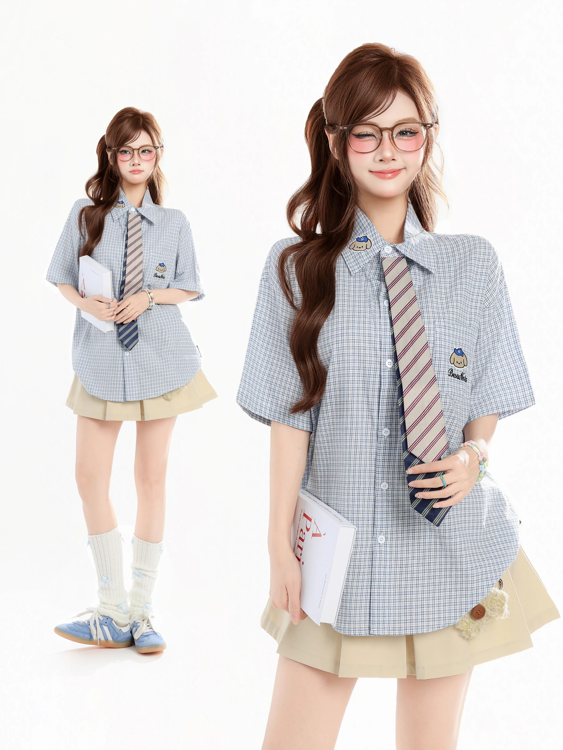 

Женская летняя рубашка в корейском стиле, свободного кроя, с коротким рукавом, в клетку, с вышивкой собаки, модная, дышащая, приятная к телу