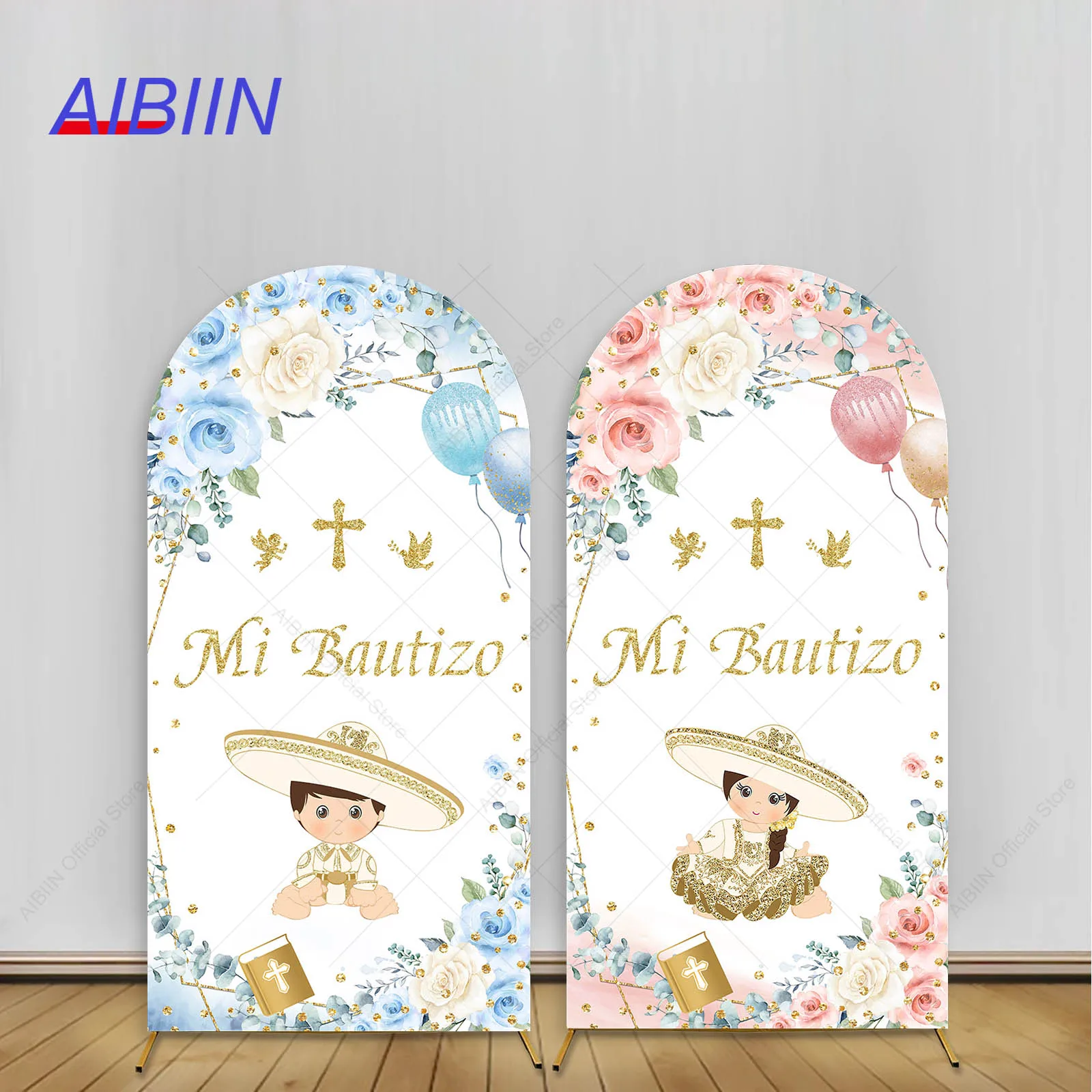 

Mi Bautizo Arch Backdrop Cover Gold Cross Pink Blue Flowers Mexican Charro Baby Baptism First Communion Party Decor Background