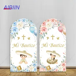 Mi Bautizo Arch Backdrop Cover Gold Cross Pink Blue Flowers Mexican Charro Baby Baptism First Communion Party Decor Background
