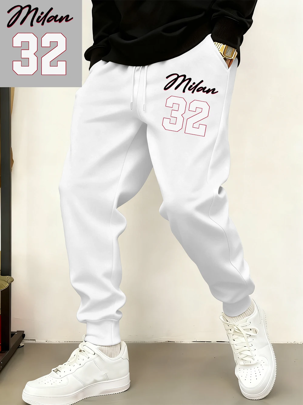 

Спортивные штаны с буквенным принтом Milan 32, мужские базовые брюки для бега с карманами, повседневные флисовые теплые брюки большого размера, зимняя мужская одежда