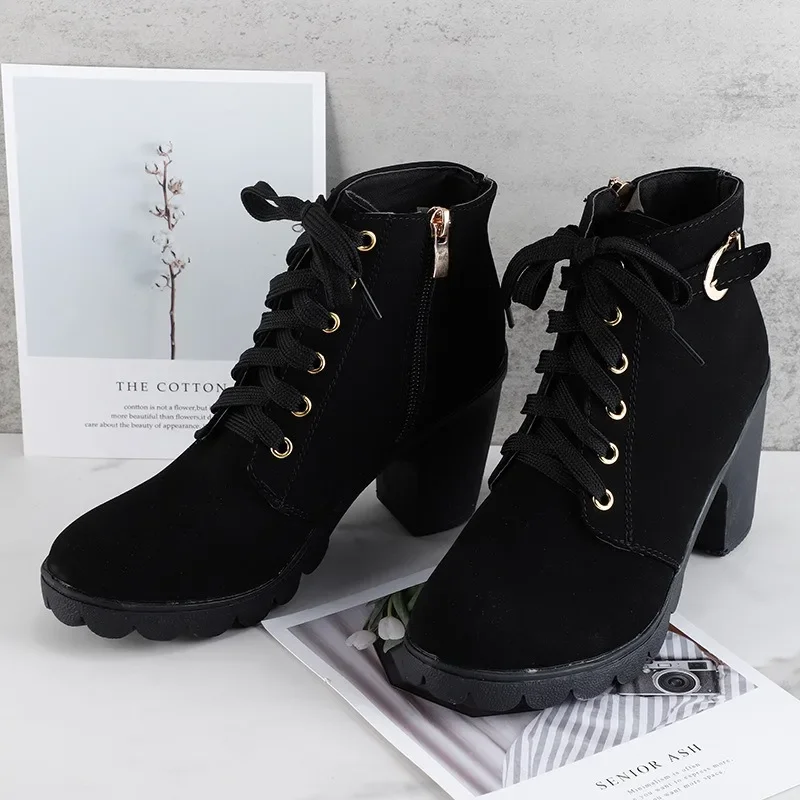 

2025 Spring New Women Pumps Boots High Quality Lace-up Ladies Shoes PU High Heels Boots Comfortable Short Boots Botas Femininas