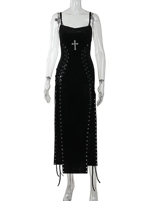 Goth Dark Punk Hoge Split Zoom Bandjes Jurk Streetwear Jurk Vrouwen Sexy Maïs Bandage Fluwelen Jurken Mall Gothic Kleding PF5K